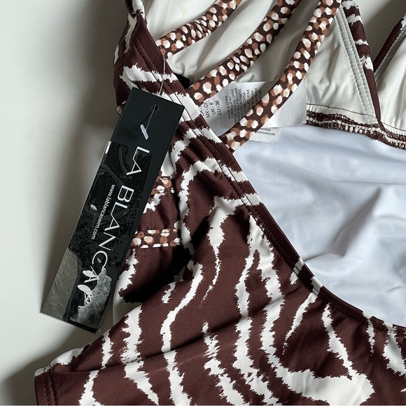 La Blanca Fierce Lines Multi-Strap Cross-Back One Piece 4 Brown and White NWT - Picture 4 of 8